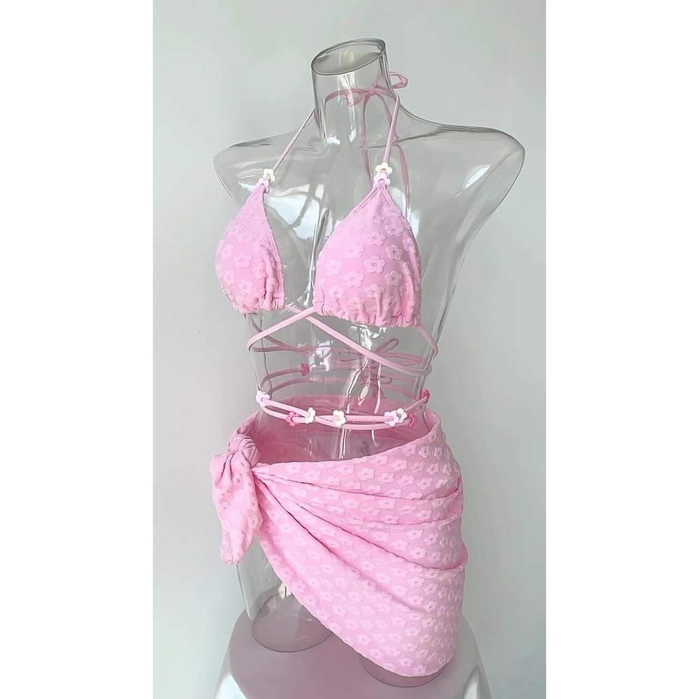 SHEIN Pink Floral Textured 3 Piece Bikini Set with Sarong Cover Up Small - Picture 4 of 8